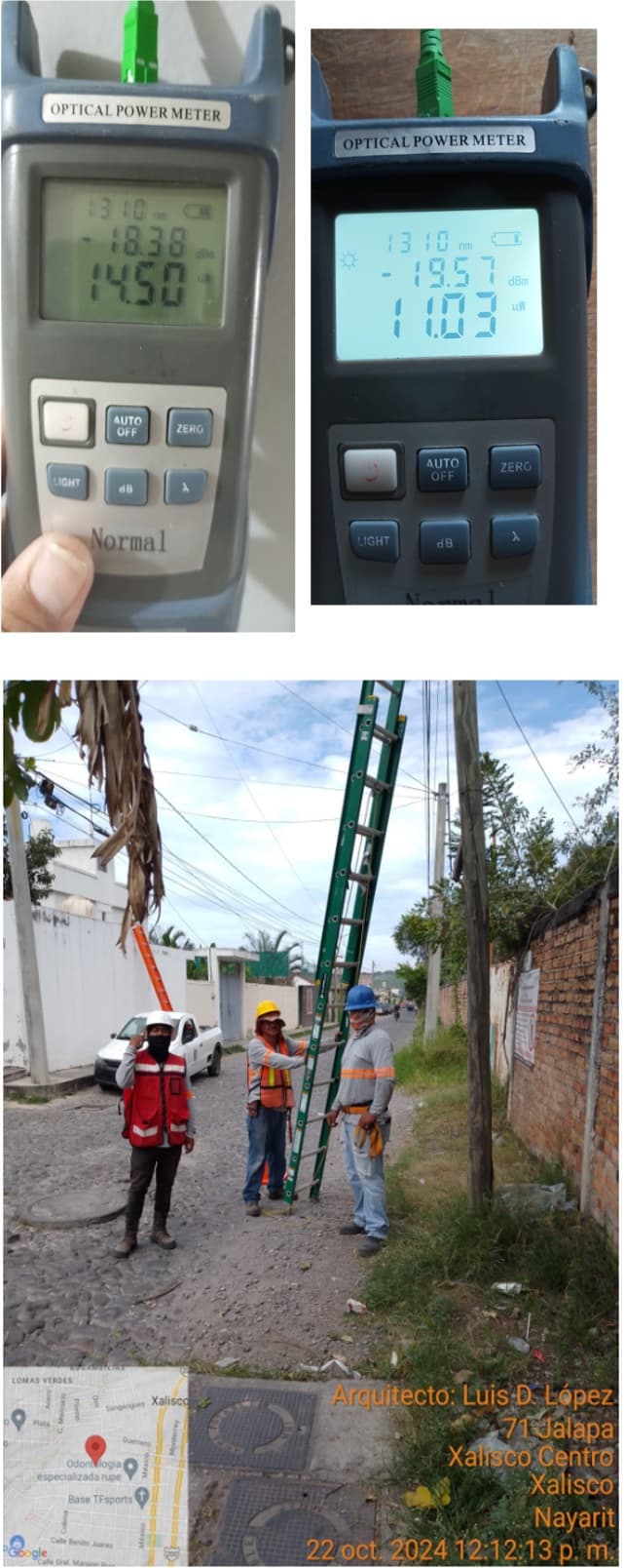 Optical power meter readings taken during FTTH installs, above a crew working on a utility pole