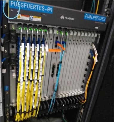 Huawei optical transport shelf with fiber patch cords in a central office