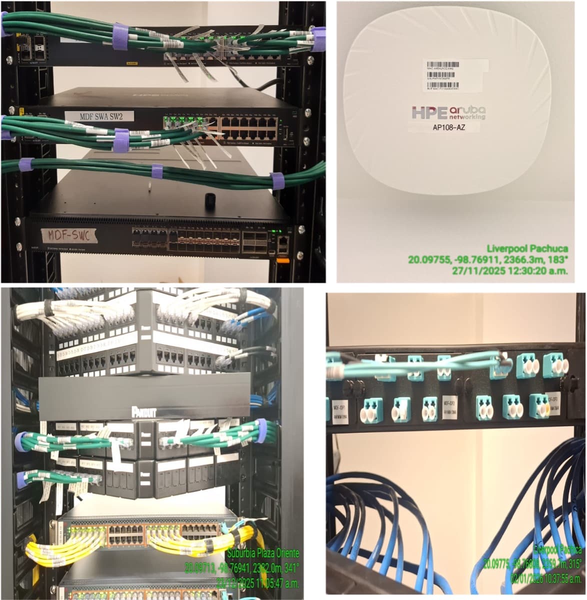 Collage of cabled network racks and an HPE Aruba access point installed at Liverpool Pachuca