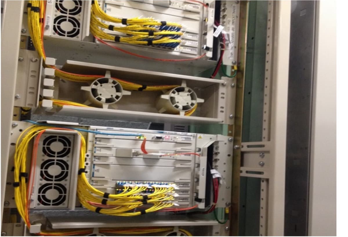 Adtran TA5006 aggregation shelves installed and cabled in a Telmex central office rack